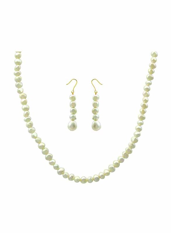 Vera Perla 2-Pieces 18K Gold Strand Jewellery Set for Women, with Necklace and Earrings, with Pearl Stones, White