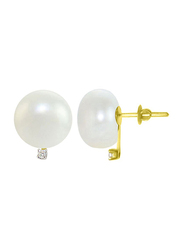 Vera Perla 18K Gold Stud Earrings for Women, with 0.04 ct Diamond and 9-10mm Pearl Stone, White/Gold