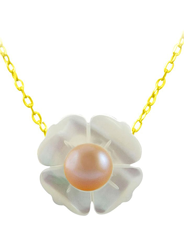 Vera Perla 18K Solid Yellow Gold Pendant Necklace for Women, with 13mm Mother of Pearl Flower Shape, with 4 mm Pearl Stones, Gold/Jade/Beige