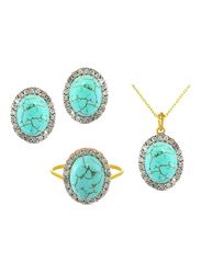 Vera Perla 3-Pieces 18k Gold Jewellery Set for Women, with Necklace, Earrings and Ring, with 0.88ct Diamonds and Oval Turquoise Stone, Gold/Turquoise