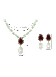 Vera Perla 2-Piece 18K Gold Jewellery Set for Women, with Necklace and Earrings, with 0.36ct Diamond, Royal Indian Ruby and Pearls Stone, Blue/White