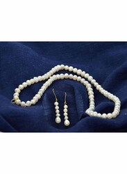 Vera Perla 2-Pieces 18K Gold Strand Jewellery Set for Women, with Necklace and Earrings, with Pearl Stones, White