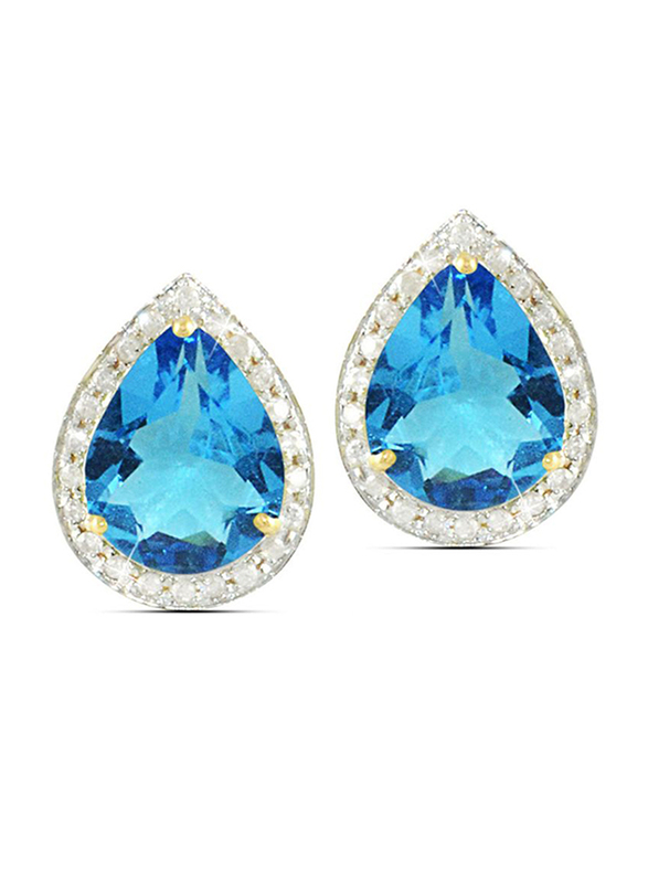 Vera Perla 18K Gold Stud Earrings for Women, with 0.24 ct Genuine Diamond and Drop Cut Swiss Topaz, Blue/Clear