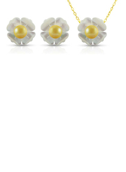 Vera Perla 2-Pieces 18K Solid Yellow Gold Jewellery Set for Women, with Necklace and Earrings, with 13mm Mother of Pearl Flower Shape, with 4 mm Pearl Stones, Gold/Jade/Yellow