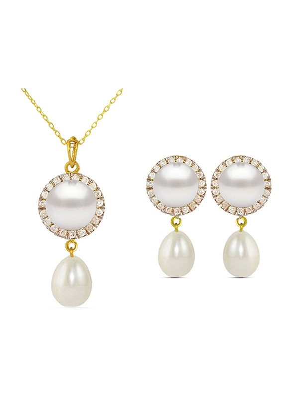 Vera Perla 2-Pieces 18K Gold Jewellery Set for Women, with Necklace and Earrings, with 0.30 ct Genuine Diamonds and Pearl, White