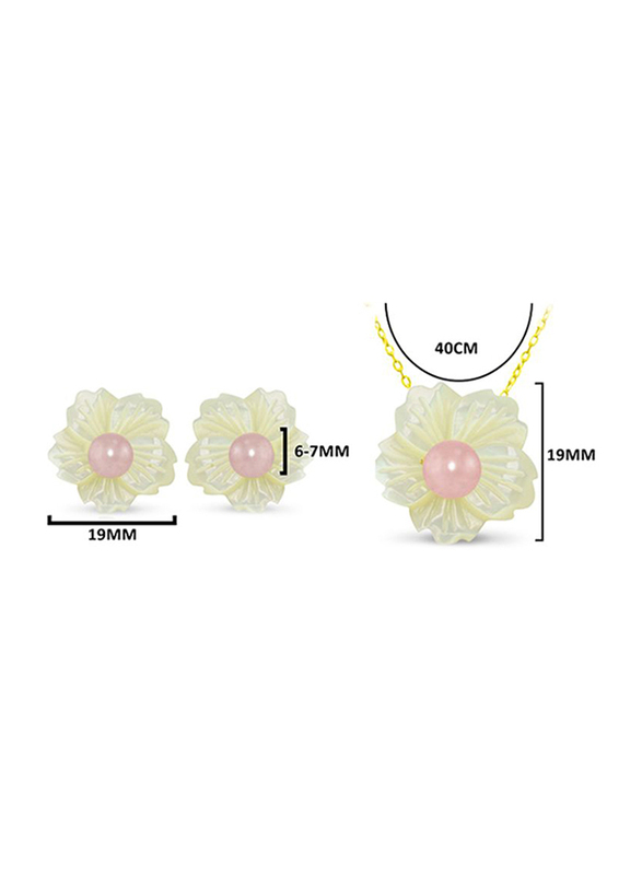 Vera Perla 2-Pieces 18K Solid Yellow Gold Pendant Necklace and Earrings Set for Women, with 19mm Flower Shape Mother of Pearl and 6-7mm Pearl, White/Gold/Pink