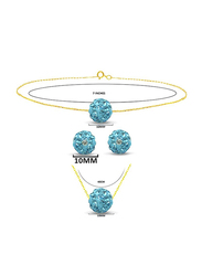 Vera Perla 3-Pieces 18K Solid Yellow Gold Simple Pendant Necklace, Bracelet and Earrings Set for Women, with 10mm Crystal Ball, Aqua/Gold