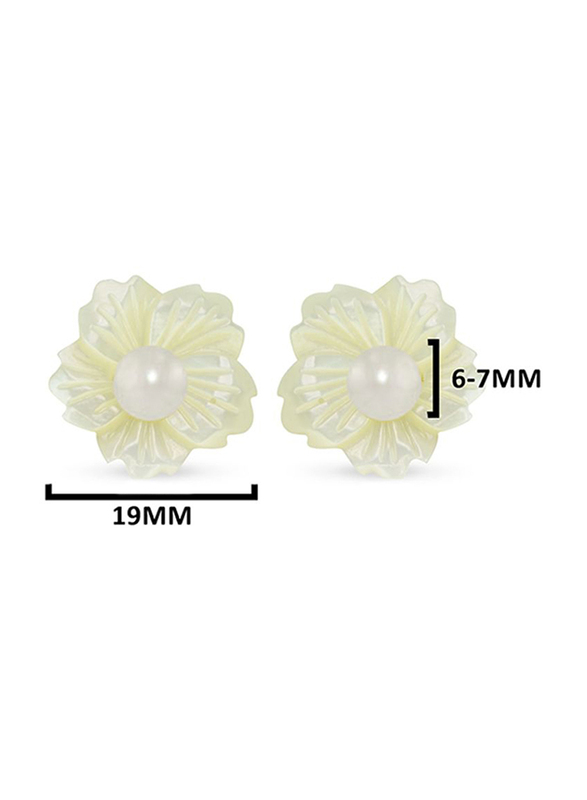 Vera Perla 18K Solid Yellow Gold Screw Back Earrings for Women, with 19mm Flower Shape Mother of Pearl and 6-7mm Pearl Stone, White