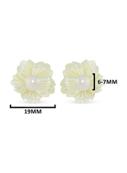 Vera Perla 18K Solid Yellow Gold Screw Back Earrings for Women, with 19mm Flower Shape Mother of Pearl and 6-7mm Pearl Stone, White