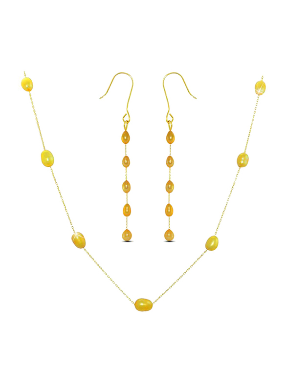 Vera Perla 2-Piece 10K Gold Jewellery Set for Women, with Pearls Stone, Necklace and Earrings, Gold