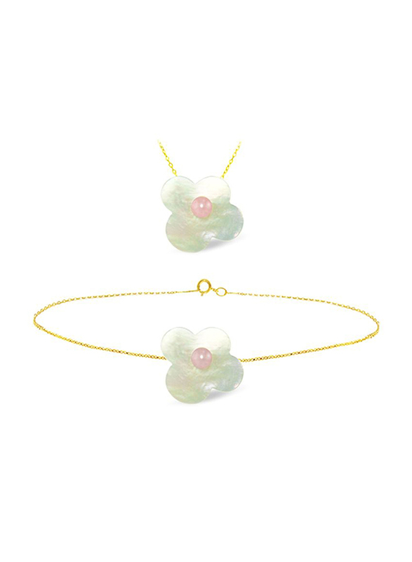 Vera Perla 2-Pieces 18K Solid Yellow Gold Pendant Necklace and Bracelet Set for Women, with Flower Shape Mother of Pearl and 7mm Pearl Stones, Jade/Gold/Pink