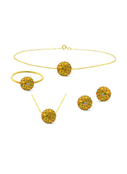 Vera Perla 4-Pieces 10K Solid Gold Earring, Bracelet, Ring and Necklace Set for Women, with 10 mm Crystal Ball, Gold/Green/Orange