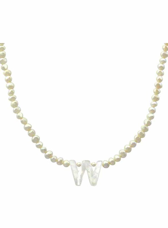 Vera Perla 10K Gold Strand Pendant Necklace for Women, with Letter W and Pearl Stones, White