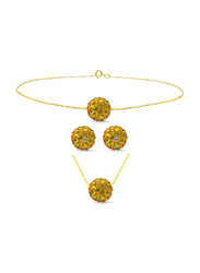Vera Perla 3-Pieces 10K Solid Jewellery Set for Women, with Necklace, Bracelet and Earrings, with 10 mm Crystal Ball, Gold/Green/Orange