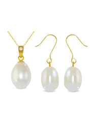 Vera Perla 2-Pieces 18K Gold Jewellery Set for Women, with Necklace & Earrings, with Diamond & Pearl Stone, Gold/White