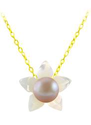 Vera Perla 18k Solid Yellow Gold Chain Necklace for Women, with Mother of Pearl Flower Shape and 4mm Pearl Pendant, White/Purple