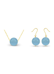 Vera Perla 2-Pieces 18K Solid Yellow Gold Simple Pendant Necklace for Women, with Earrings and 10 mm Stone, Blue