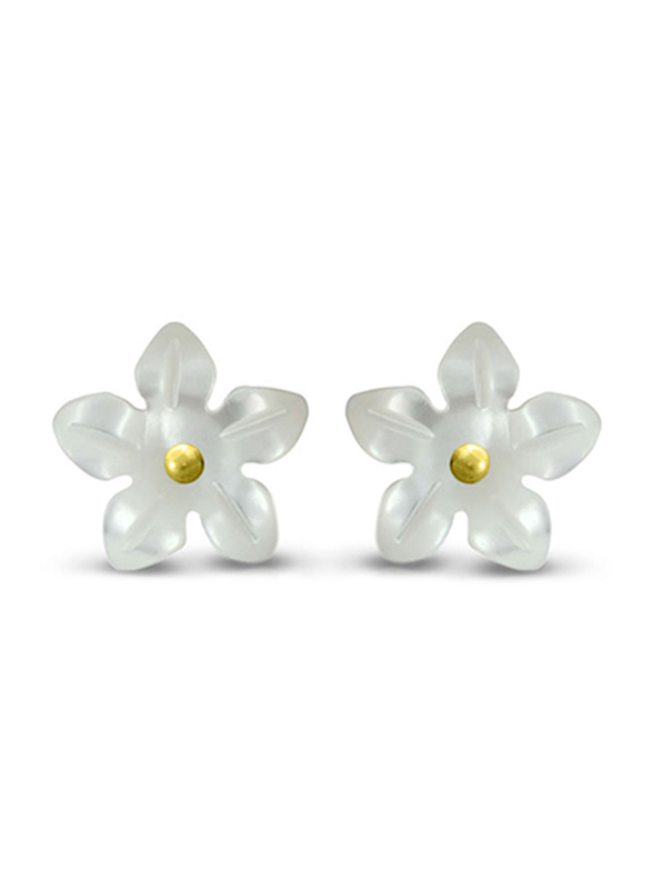 Vera Perla 18K Gold Stud Earrings for, with Women Flower Shell and9mm Pearls Stone, White/Gold