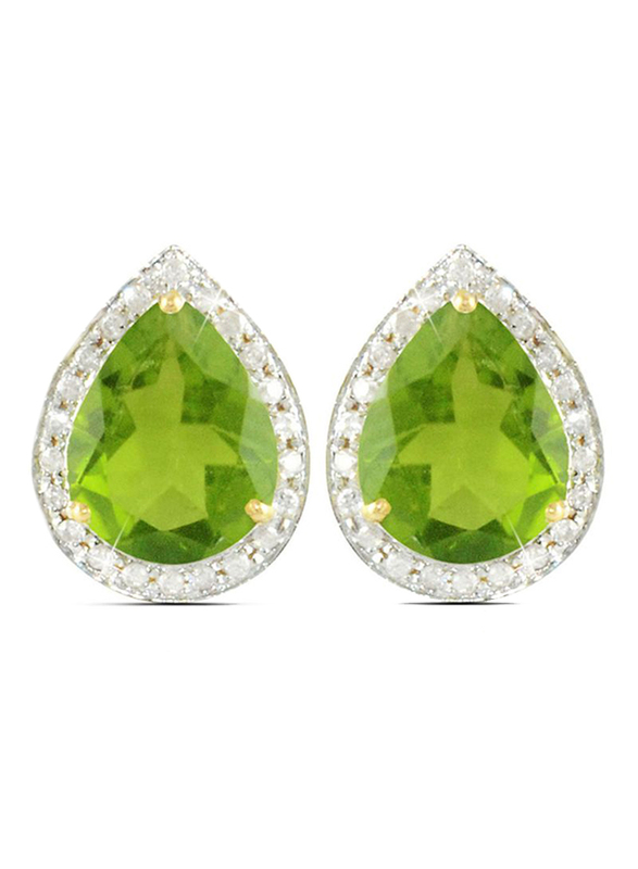 Vera Perla 18K Gold Stud Earrings for Women, with 0.24 ct Genuine Diamond and Drop Cut Peridot Stone, Green/Clear