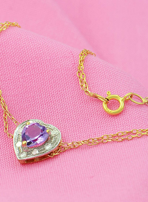 Vera Perla 18K Gold Chain Bracelet for Women, with 0.08ct Diamonds and Amethyst Heart Stone, Gold/Purple