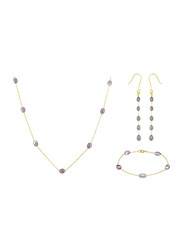 Vera Perla 3-Pieces 10K Gold Jewellery Set for Women, with Pearls Stone, Necklace, Bracelet and Earrings, Gold/Purple