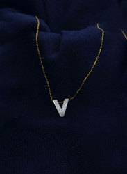 Vera Perla 2-Pieces 18K Gold Jewellery Set for Women, with Necklace and Bracelet, with V Letter Shape Mother of Pearl Stone, White/Gold