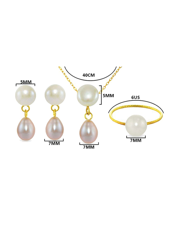 Vera Perla 4-Pieces 18k Yellow Gold Jewellery Set for Women, with Button Pearl Drop and Pearl Drop, White/Purple