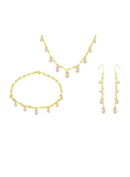 Vera Perla 3-Pieces 18K Gold Earring, Bracelet and Necklace Set for Women, with Necklace, Bracelet and Earrings, with Pearl Stone, Gold/Pink