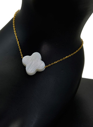 Vera Perla 18K Gold Chain Bracelet for Women, with Plum Flower Shape Mother of Pearl Stone, Gold/White