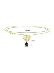 Vera Perla 18K Solid Yellow Gold Chain Bracelet for Women, with Heart and 7mm Drop Pearl Stone, Gold/Black