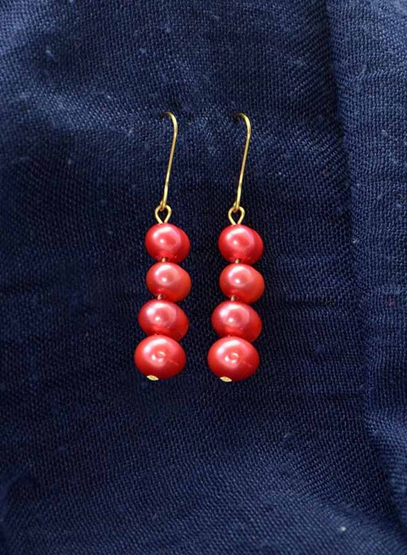 Vera Perla 10 Karat Gold Drop Earrings for Women, with Pearl Stones, Red