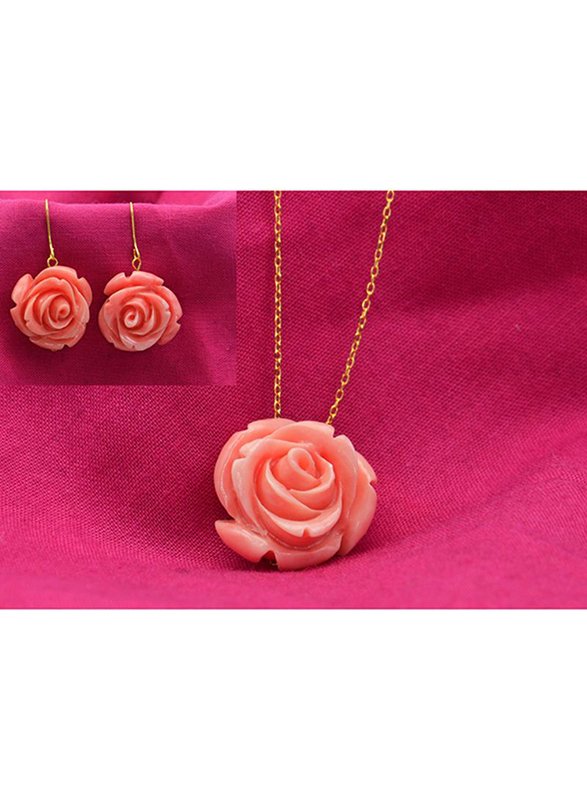 Vera Perla 2-Pieces 18K Solid Yellow Gold Chain Necklace for Women, with Earrings and Rose Carved, Pink/Gold