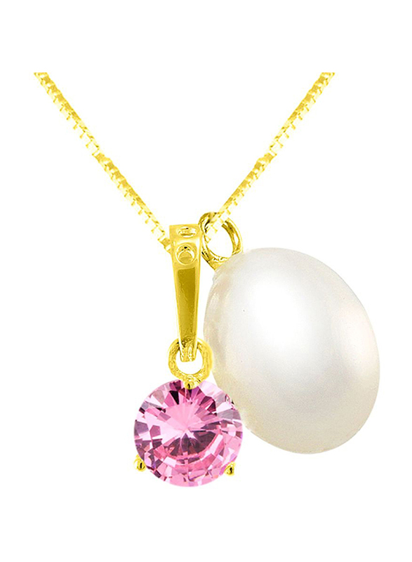 Vera Perla 18K Solid Yellow Gold Necklace for Women, with Zircon and 7 mm Pearl Stone Pendant, Light Pink/Gold/White