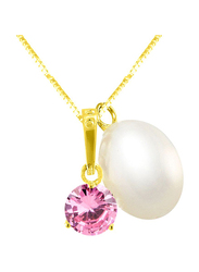 Vera Perla 18K Solid Yellow Gold Necklace for Women, with Zircon and 7 mm Pearl Stone Pendant, Light Pink/Gold/White