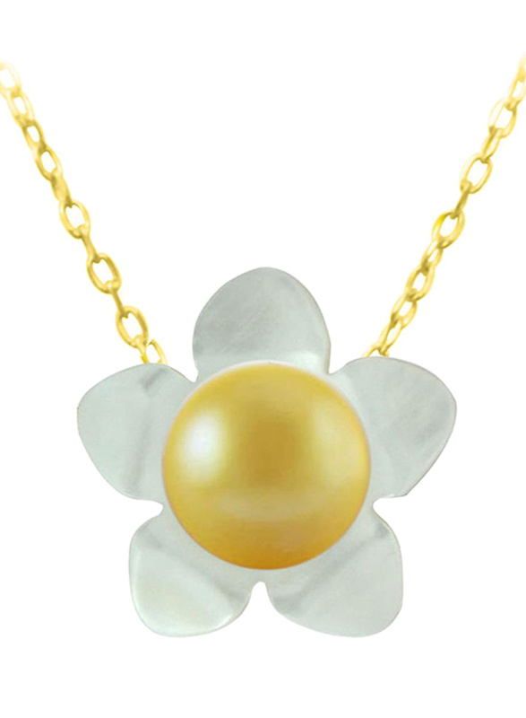 Vera Perla 18k Solid Yellow Gold Chain Necklace for Women, with 13mm Mother of Pearl Flower Shape and 7mm Pearl Pendant, White/Yellow