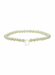 Vera Perla Elastic Stretch Bracelet for Women, with Letter D Mother of Pearl and Pearl Stone, White