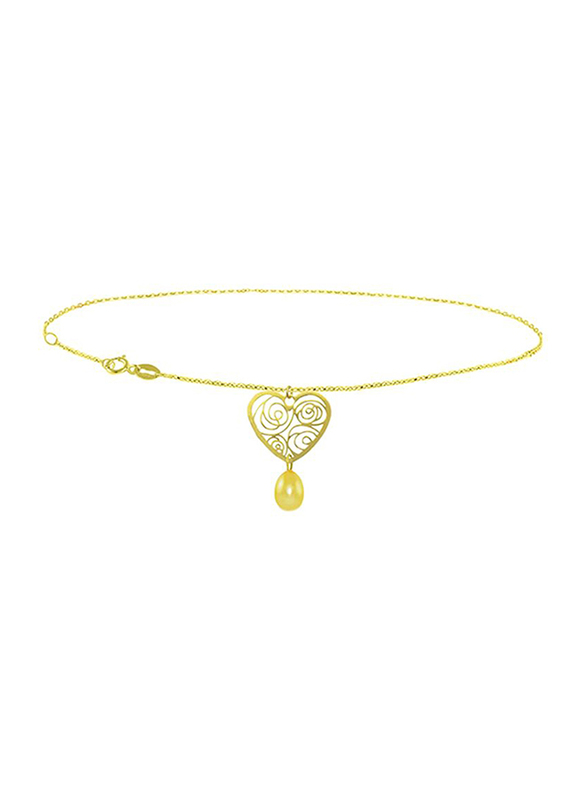 Vera Perla 18K Solid Yellow Gold Chain Bracelet for Women, with Heart and 7mm Drop Pearl Stone, Gold/Yellow