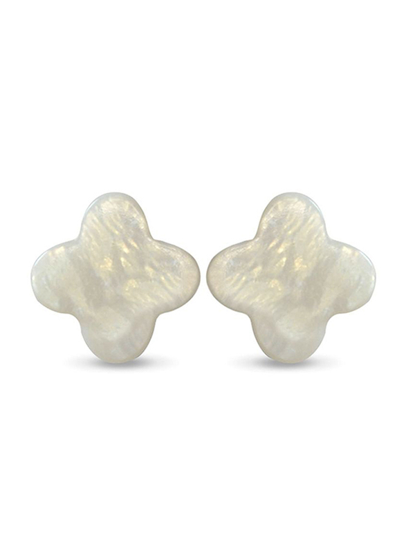 Vera Perla 10k Gold Stud Earrings for Women, with Plum Flower Shape Mother of Pearl Stone, White/Gold/Gold