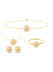 Vera Perla 4-Pieces 18K Solid Yellow Gold Jewellery Set for Women, with Necklace, Bracelet, Earrings and Ring, with 8mm Pearl Stones, Gold/Beige