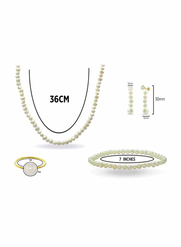 Vera Perla 4-Pieces 10K Gold Jewellery Set for Women, with Necklace, Bracelet, Ring and Earrings, with Pearl Stones, Off White