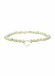 Vera Perla Elastic Stretch Bracelet for Women, with Letter C Mother of Pearl and Pearl Stone, White