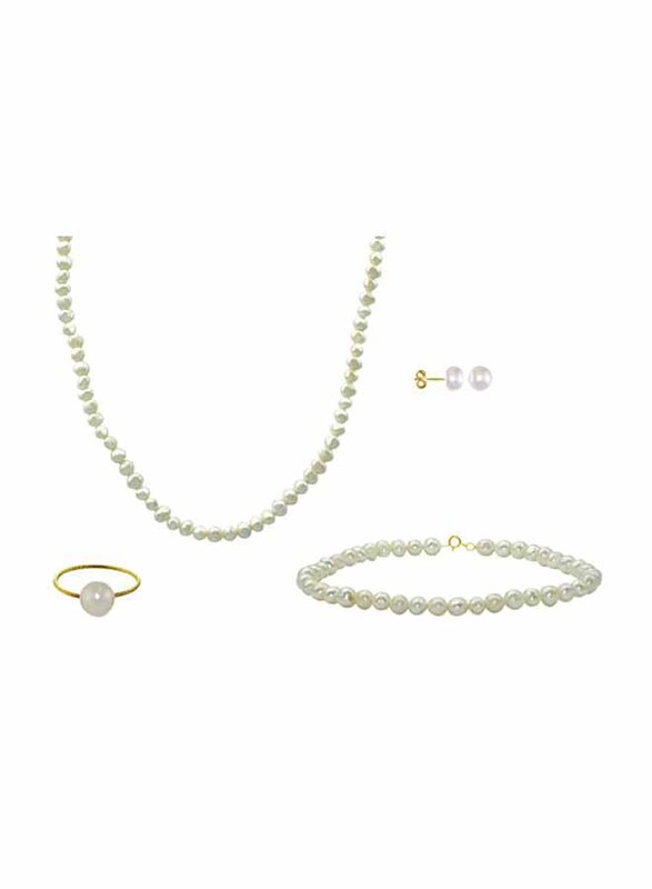 Vera Perla 4-Pieces 10K Gold Jewellery Set for Women, with Necklace, Bracelet, Ring and Earrings, with Pearl Stones, White