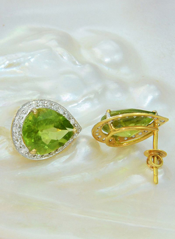Vera Perla 18K Gold Stud Earrings for Women, with 0.24 ct Genuine Diamond and Drop Cut Peridot Stone, Green/Clear