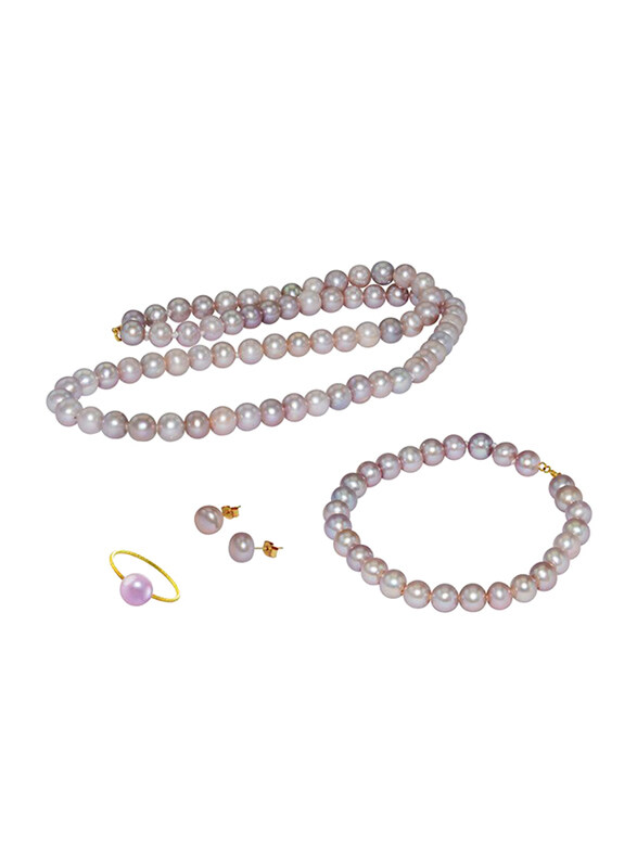 Vera Perla 4-Pieces 10K Gold Strand Jewellery Set for Women, with Pearls Stone, Necklace, Bracelet, Earrings and Ring, Purple