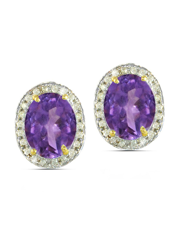 Vera Perla 18K Gold Stud Earrings for Women, with 0.24 ct Diamonds and Oval Cut Amethyst Stone, Purple