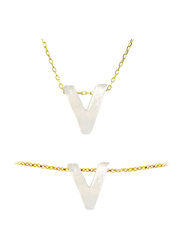 Vera Perla 2-Pieces 18K Gold Jewellery Set for Women, with Necklace and Bracelet, with V Letter Shape Mother of Pearl Stone, White/Gold