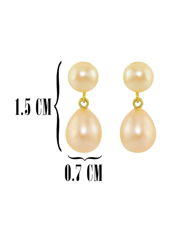 Vera Perla 18K Yellow Gold Dangle Earrings for Women, with 7mm Genuine Pearl Stone, Beige/Gold