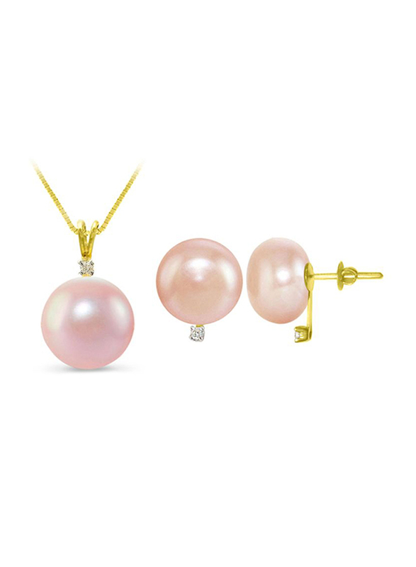 Vera Perla 2-Pieces 18K Gold Pendant Necklace, Earrings Set for Women, with 0.06ct Diamonds and 9-10 mm Pearls Stone, Pink