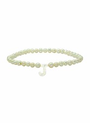 Vera Perla Elastic Stretch Bracelet for Women, with Letter J Mother of Pearl and Pearl Stone, White