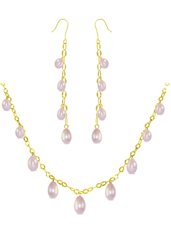 Vera Perla 2-Pieces 18K Gold Chain Drop Jewellery Set for Women, with Necklace and Earrings, with Pearl Stone, Gold/Purple